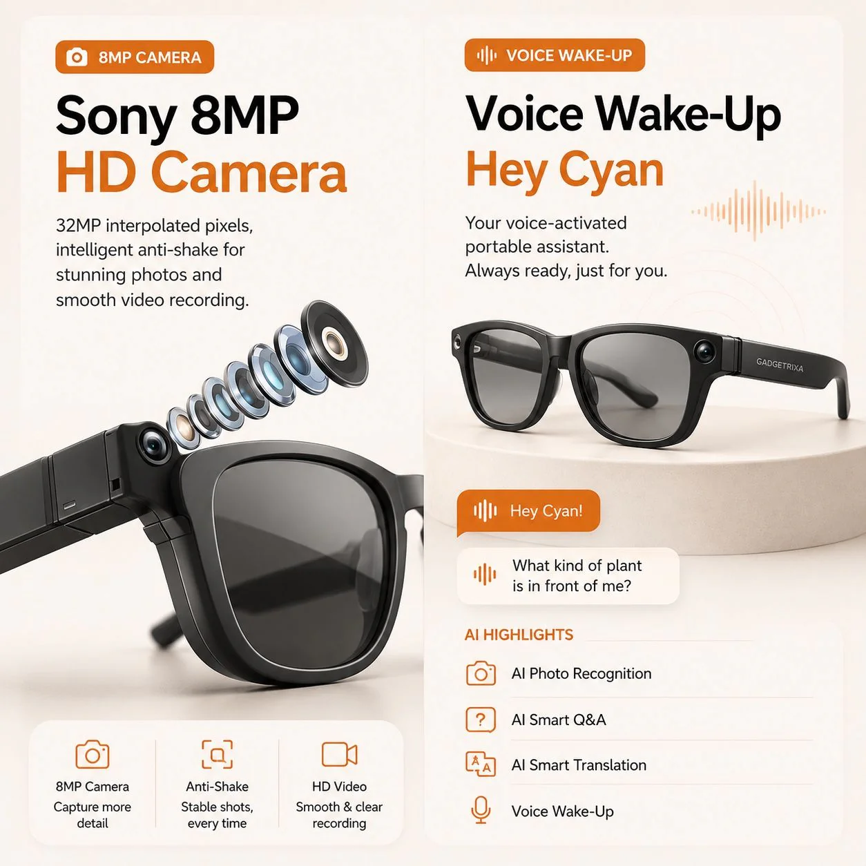 AI Smart Glasses with 8MP Camera